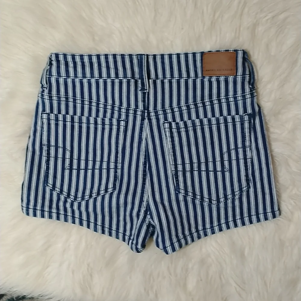 American Eagle Outfitters Navy and White Striped High-Rise Denim Shorts
